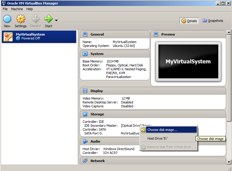 Click on the virtual machine's optical drive to load the disk image
