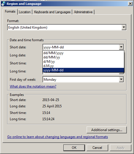 control panel - region and language - short date - Change Windows Desktop Time Format